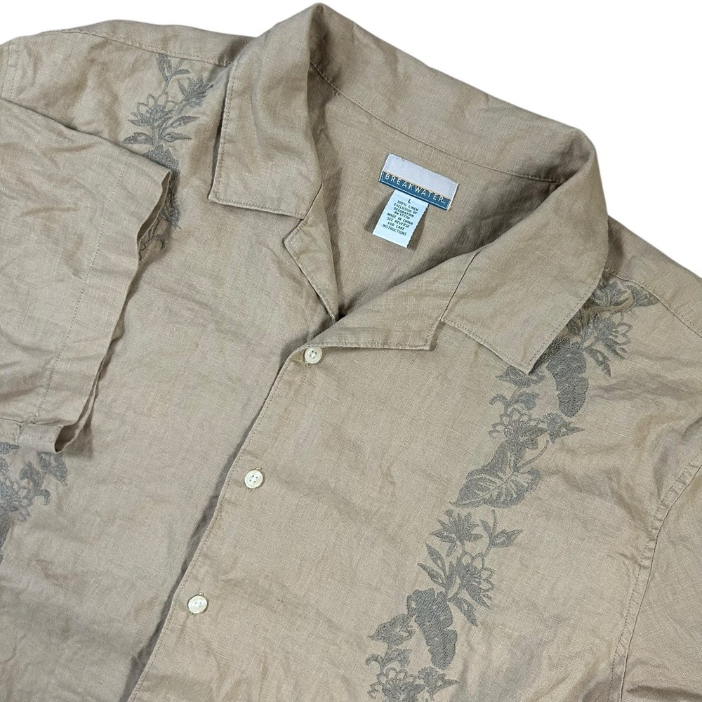 Breakwater 100% Linen Men's Sand Floral Embroidered Shirt Size‎ L